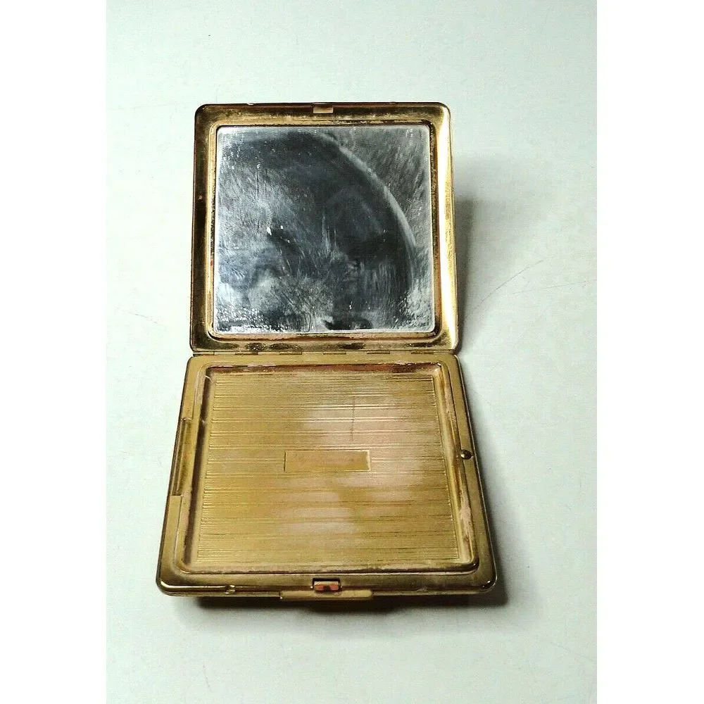 Vintage Elgin American USA Mirror Powder Compact Square Goldtone Marked Engraved